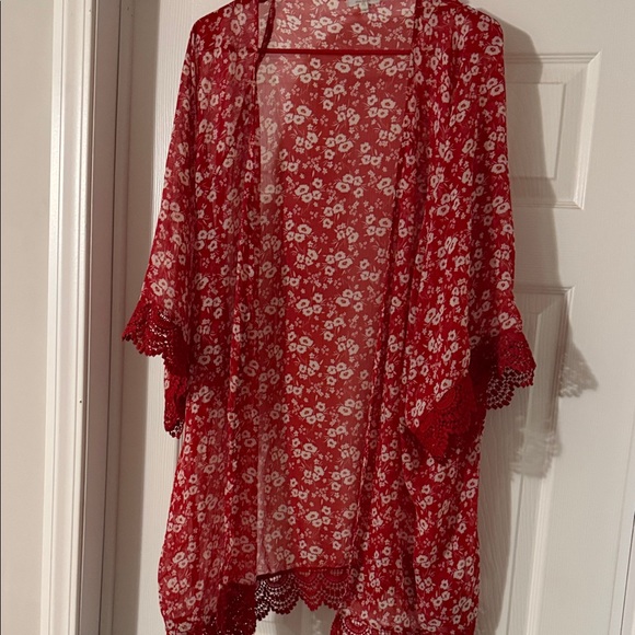 Maurices Tops - Maurices Red Floral Sheer Kimono Cardigan